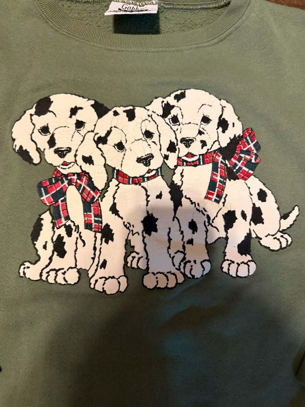 Vintage 90s Gopher Sport Dalmatian Puppy Crewneck Sweatshirt Medium Olive Green - Picture 2 of 3